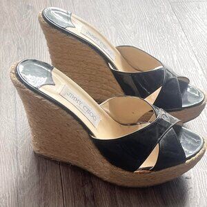 Jimmy Choo patent black wedge espadrille 40